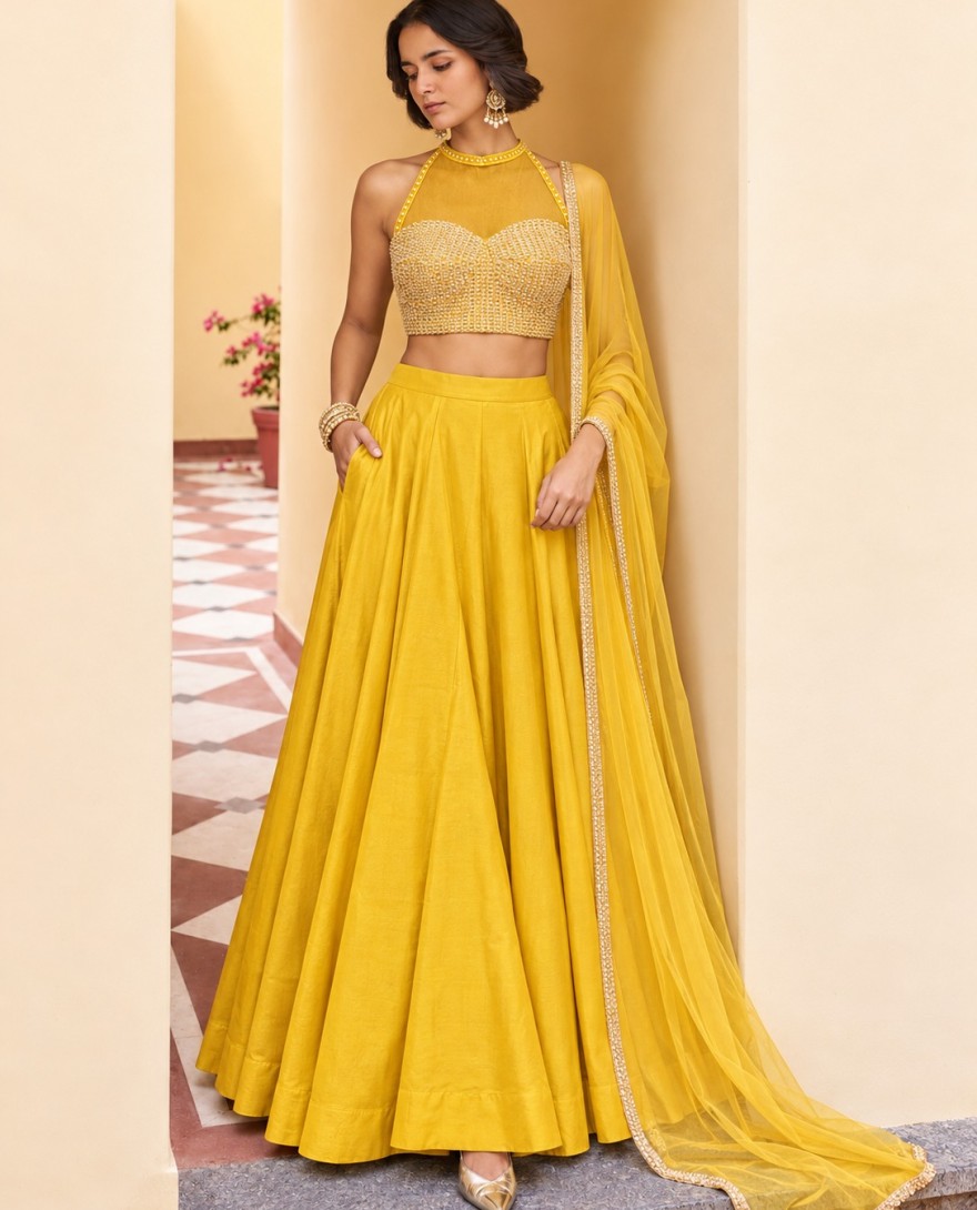 9027 - Epitome Embroidered Yellow Lehenga Choli